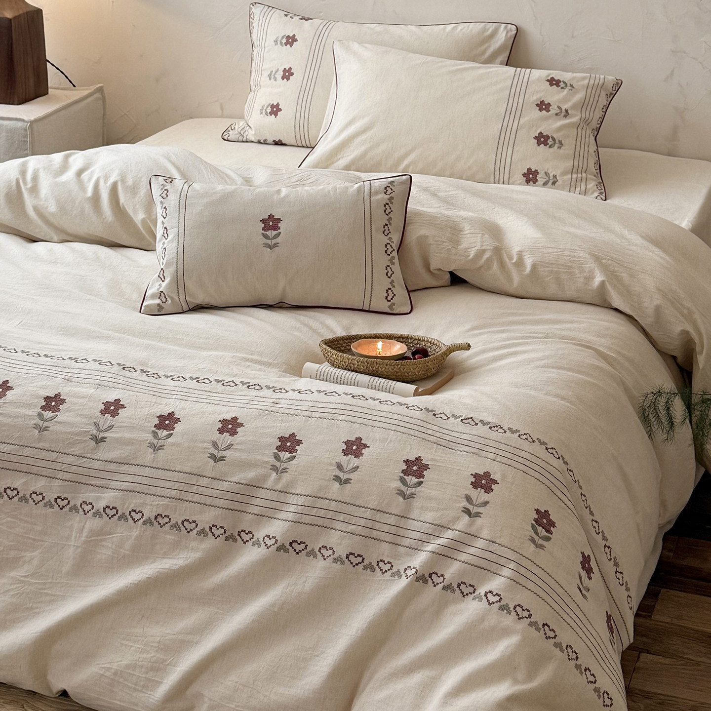 法式少女心复古棉麻混纺四件套刺绣花卉玫瑰被套床单床笠1.2m床品