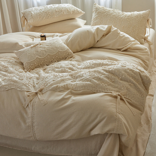 法式高端轻奢复古棉麻亚麻四件套公主风刺绣蝴蝶结被套床单床品