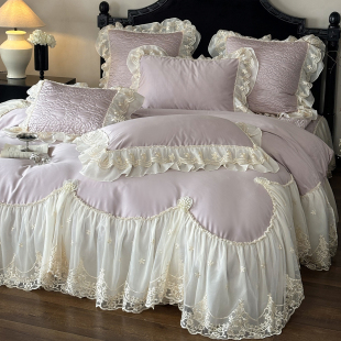 法式 少女床品 仙女公主风全棉长绒棉四件套蕾丝花边被套加厚床盖款