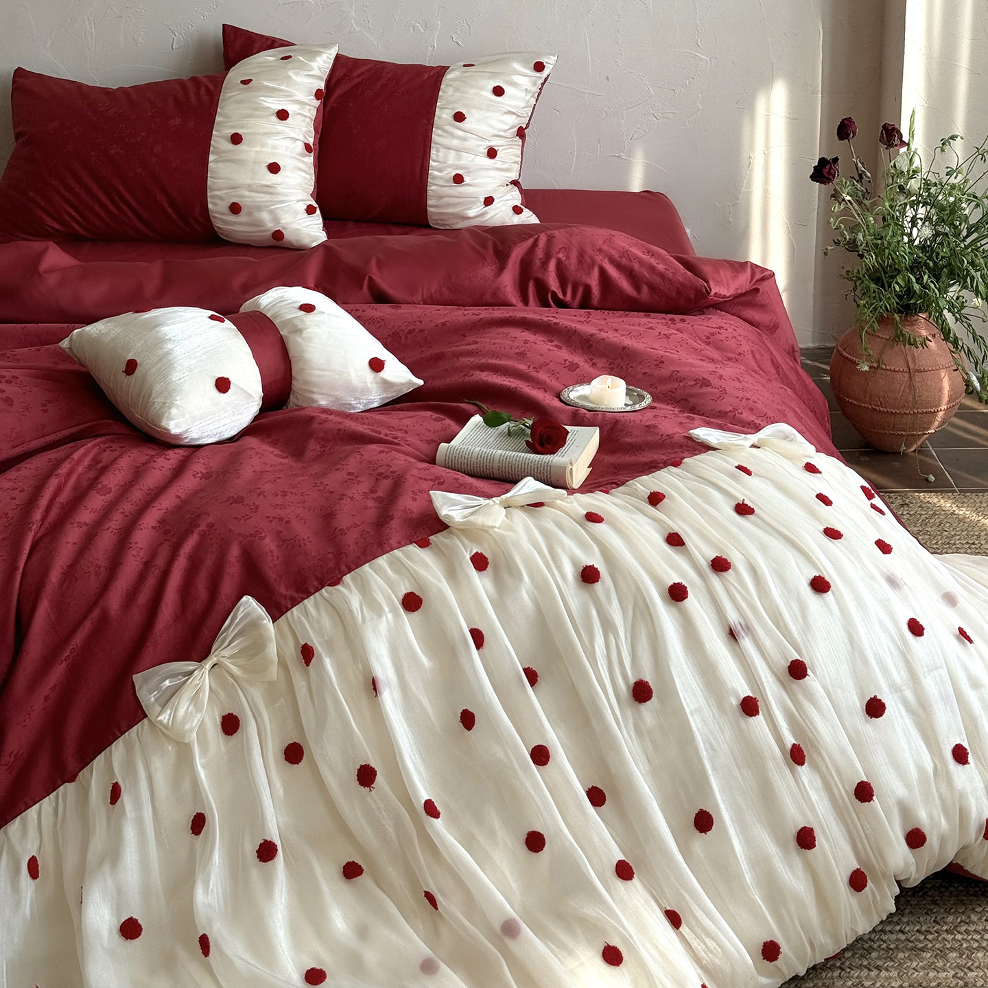 法式少女心全棉长绒棉提花四件套纯棉褶皱花边蝴蝶结被套小众床品,床上用品,床品套件/四件套/多件套,淘宝优惠券,粉丝福利购,淘宝优惠卷