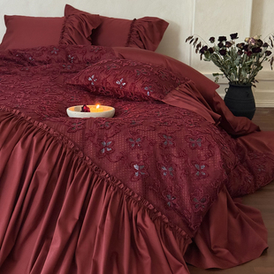 法式 复古红全棉长绒棉四件套丝滑纯棉贡缎花边被套高级感床裙床品