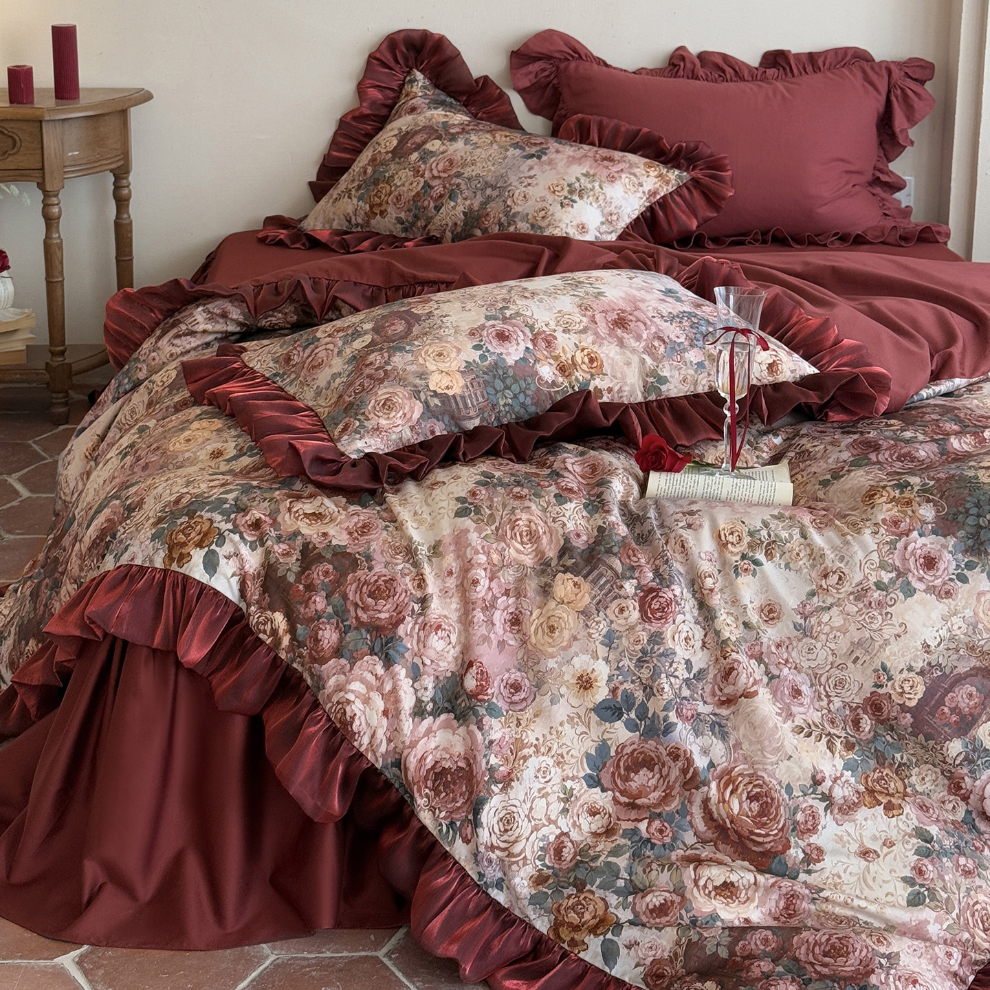 法式复古红全棉长绒棉四件套纯棉花边印花被套公主风床裙结婚床品