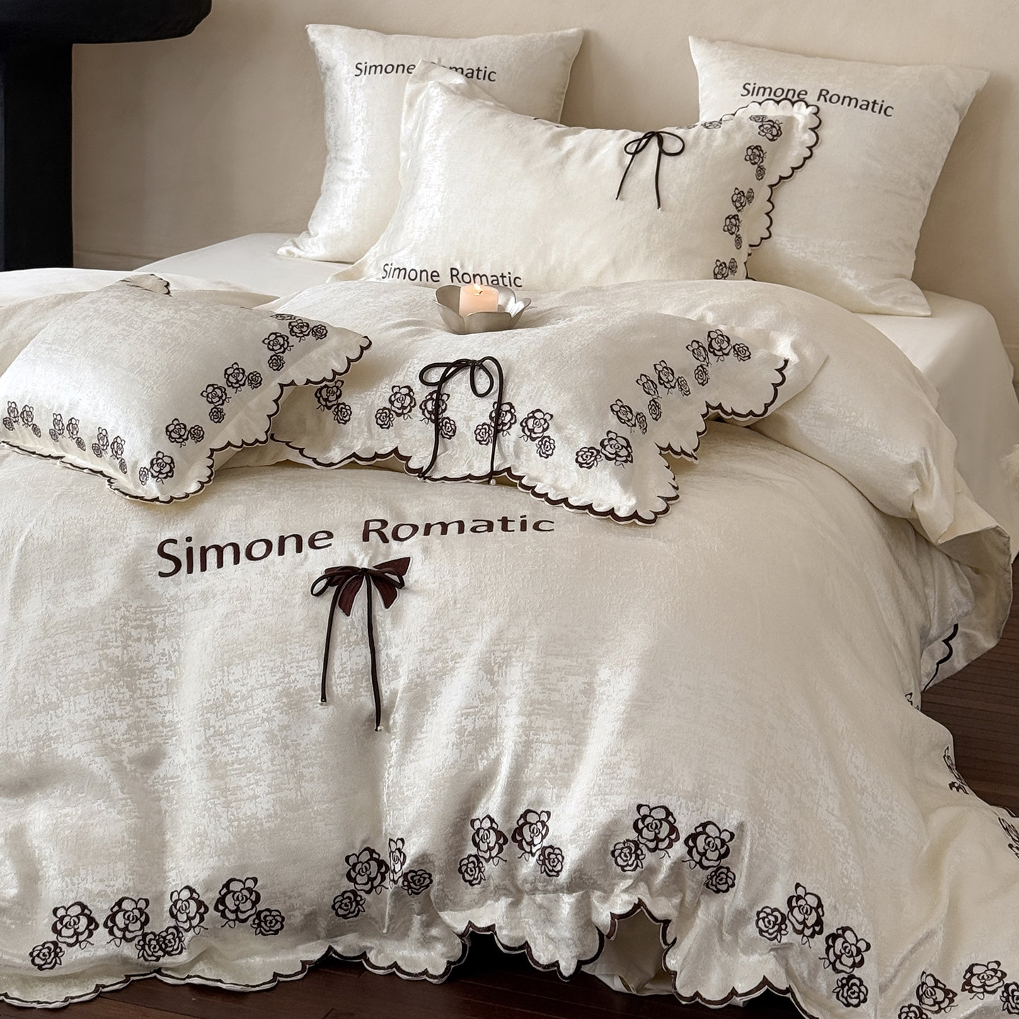 法式少女心全棉长绒棉贡缎四件套刺绣花卉蝴蝶结纯棉被套床单床品