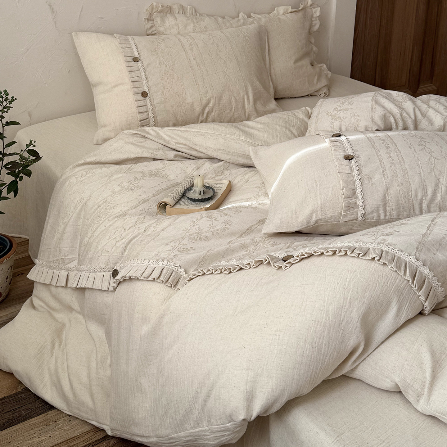 法式复古提花棉麻四件套亚麻纯棉混纺花边被套高级感四季素色床品,床上用品,床品套件/四件套/多件套,淘宝优惠券,粉丝福利购,淘宝优惠卷