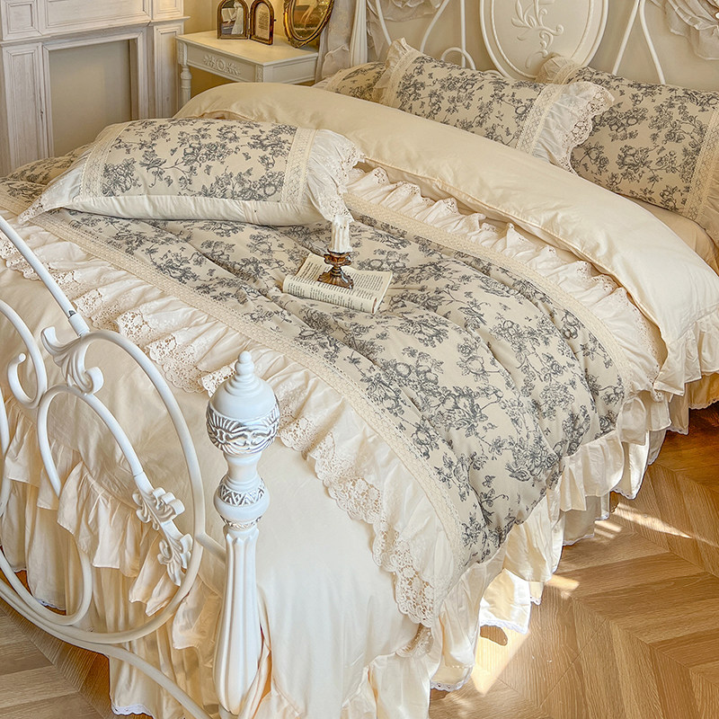 法式复古花卉田园风全棉四件套蕾丝花边纯棉被套公主风床裙款床品