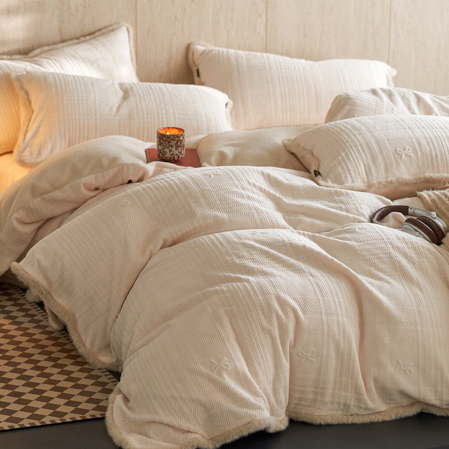 法式冬季蝴蝶结格纹雕花牛奶绒四件套加厚被套珊瑚绒轻奢保暖床品