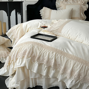 法式床盖款公主风全棉四件套纯棉镂空蕾丝花边被套少女心夹棉床单
