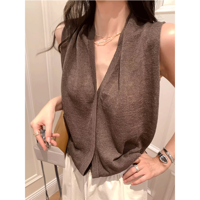 亚麻薄款针织吊带背心女士2024夏新款设计感气质时尚无袖V领上衣