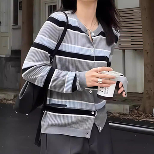 薄款 撞色条纹针织开衫 设计感单排扣长袖 新款 毛衣上衣 女2026春秋季