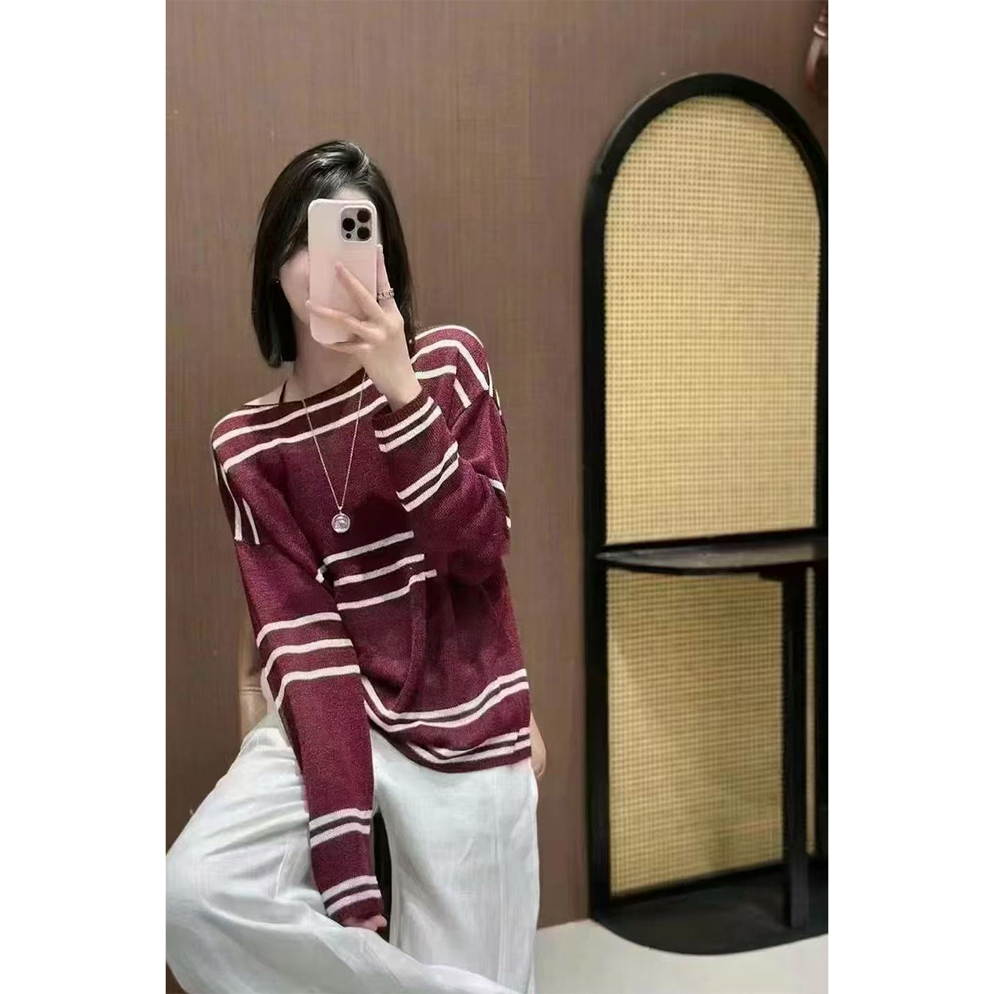 和纸纱条纹一字领套头长袖针织衫