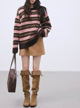 mui系列复古费尔岛提花宽松慵懒风美丽诺纯羊毛套头针织衫毛衣女