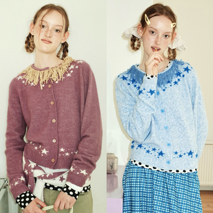 UnsocialNight2025秋季流苏拼接撞色星星图案羊毛针织开衫女上衣