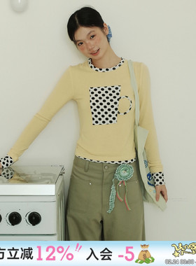 UnsocialNight2025秋季新品波点圆领修身拼接复古打底衫长袖T恤女