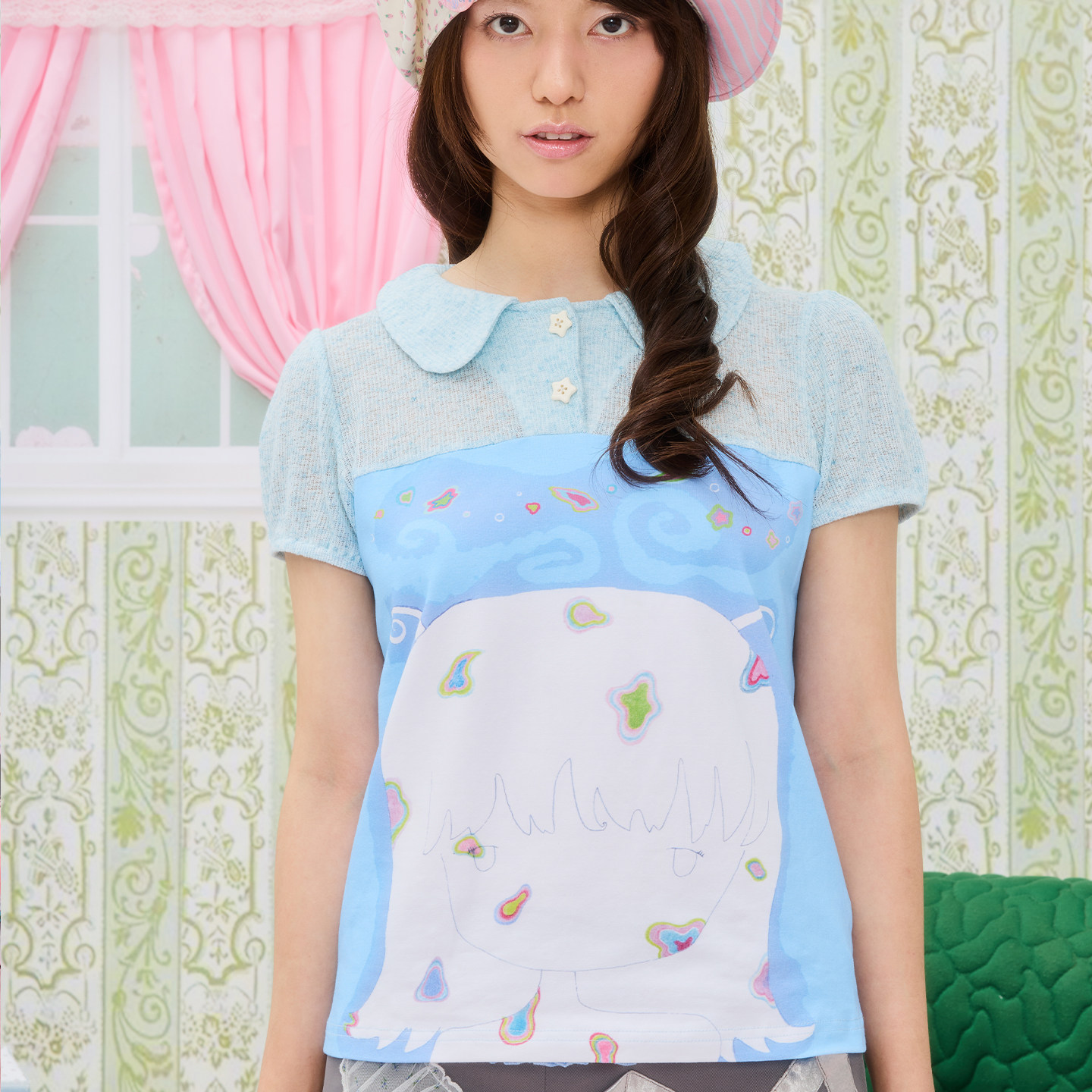 UnsocialNight夏季新品充气小猫联名插画印花泡泡袖上衣短袖T恤女