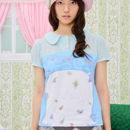 UnsocialNight夏季新品充气小猫联名插画印花泡泡袖上衣短袖T恤女