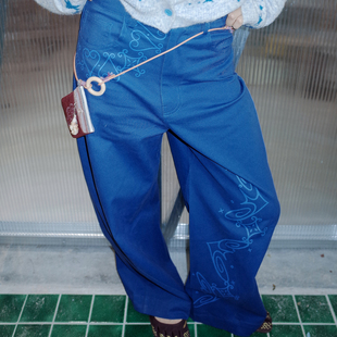 UnsocalNight2025秋冬版型好原创文艺复古秋冬印花蓝色直筒弯刀裤