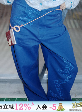 UnsocalNight2025秋冬版型好原创文艺复古秋冬印花蓝色直筒弯刀裤