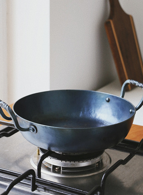 触造 双耳拧纹平底铁锅 手工锻打无涂层不粘家用煎炸炒火锅露营