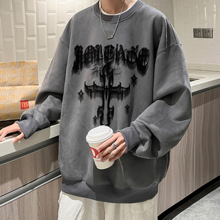 十字架卫衣男款春秋季欧美式潮牌高街青少年宽松大码圆领外套秋冬