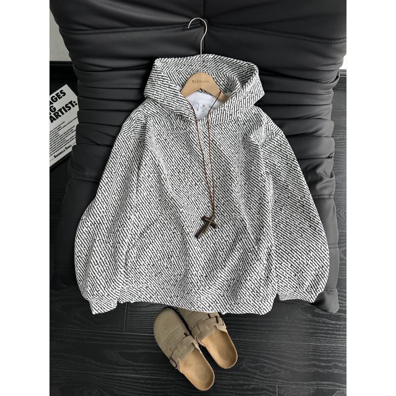 小香风条纹连帽卫衣男秋冬加绒