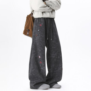 男女春秋设计感宽松百搭运动阔腿裤 美式 重磅民族风扎染弯刀休闲裤