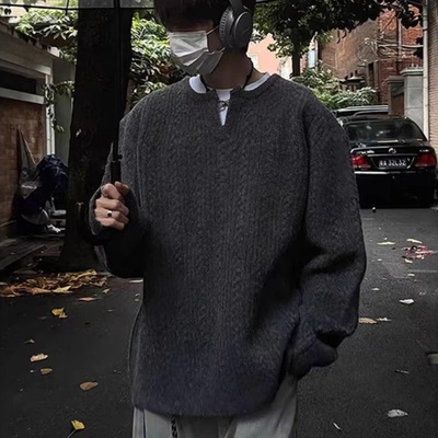 美式cleanfit深灰色v领毛衣男女