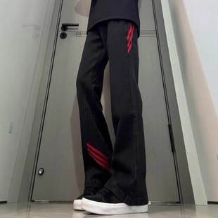 斜杠三条纹红黑撞色拼接显瘦微喇牛仔裤小众设计感美式工装直筒裤