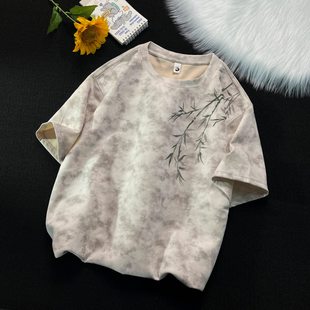 新中式国潮短袖T恤男夏季情侣宽松潮牌重磅竹子扎染国风半袖上衣