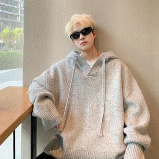 外套 痞帅慵懒风宽松加厚套头情侣针织衫 灰色连帽毛衣男秋冬季 新款