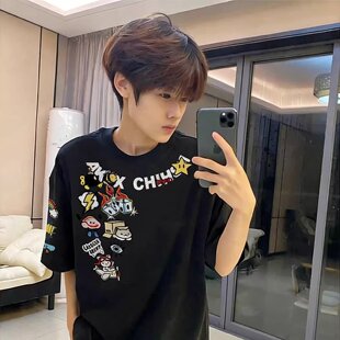 纯棉短袖t恤男款潮牌美式风高街痞帅印花潮流重磅初中生夏季街头