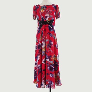 长款 裙子 雪纺2021年新款 高档连衣裙金芭葆J6730P收腰显瘦大摆短袖