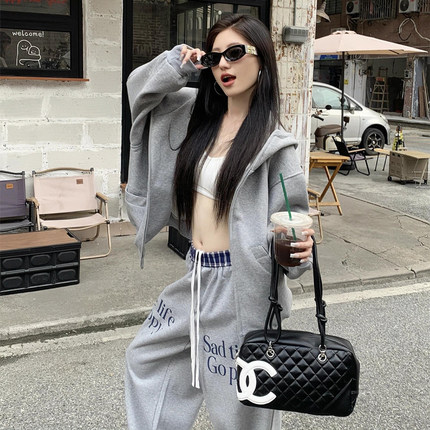 松弛感卫衣运动服套装女秋冬季宽松时尚加绒加厚外套休闲裤两件套