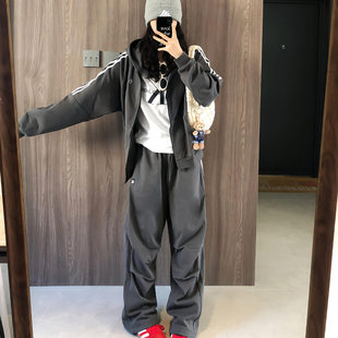 两件套 美式 街舞运动服套装 女秋冬季 休闲宽松三条纹连帽卫衣阔腿裤