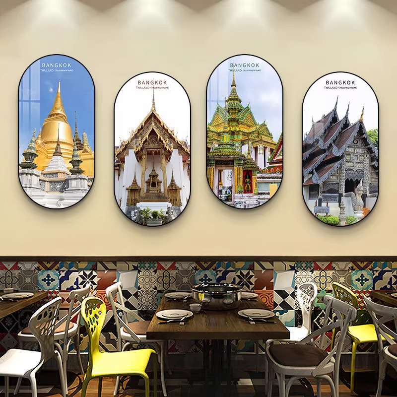 饭店墙面装饰画东南亚餐饮店包厢挂画饭馆泰国建筑街景海报壁画图片