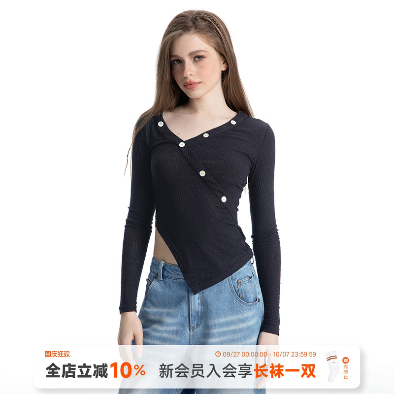 ABMY 加州少女 长袖T恤女V领不规则修身百搭显瘦设计感针织上衣