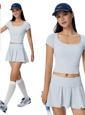 noBra by ABMY 方领正肩露脐运动短袖薄款双层翻腰A字半身裙套装