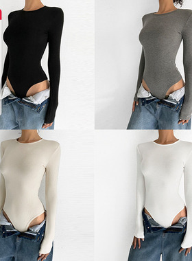 ABMY 秋冬弹力针织连体衣女 圆领修身长袖薄绒打底衫纯色内搭上衣