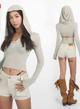 ABMY 莫代尔V领后背镂空连帽长袖T恤女刺绣高弹针织修身内搭上衣