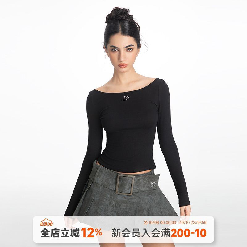 高弹针织粉色长袖T恤女