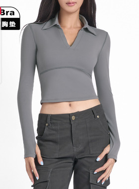 ABMY polo翻领高弹正肩长袖T恤女带胸垫秋冬网球运动健身修身上衣
