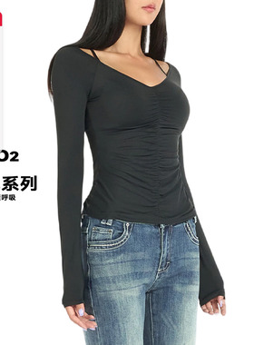 ABMY 轻氧系列复古褶皱V领收腰正肩长袖T恤女秋修身内搭打底上衣