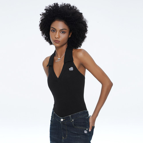 露背V领针织挂脖吊带连体衣性感