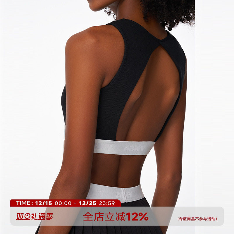 黑色露背针织吊带运动背心带胸垫