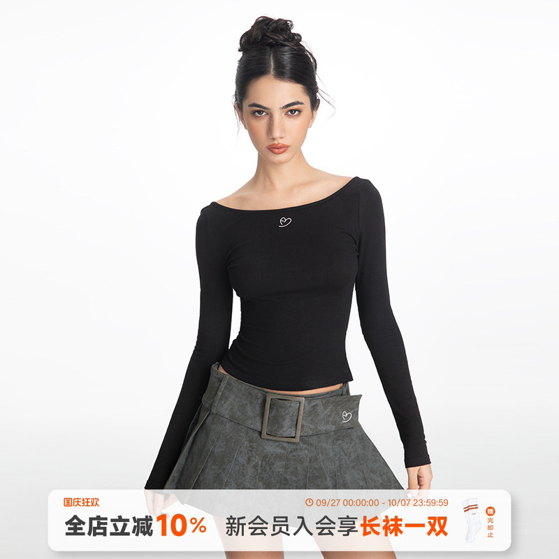 高弹针织粉色长袖T恤女