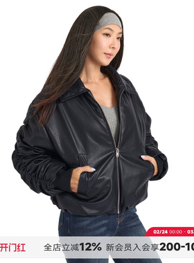 ABMY 美式复古PU皮棉服女秋冬黑色短款褶皱设计皮夹克保暖厚外套