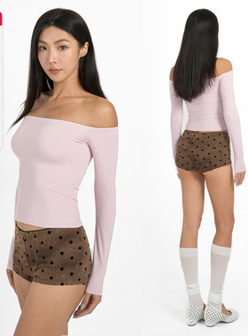 ABMY 轻氧系列裸感粉色一字肩长袖上衣露肩修身显瘦内搭打底T恤衫