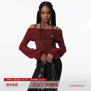 节日战袍 百搭修身 一字肩毛衣女长袖 女复古灯笼袖 上衣 针织衫 ABMY