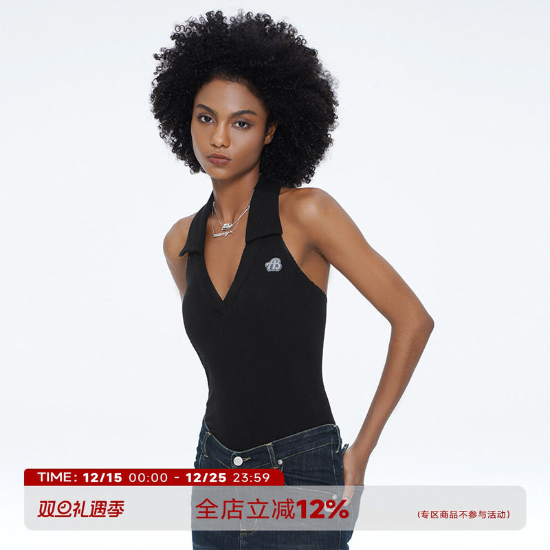 露背V领针织挂脖吊带连体衣性感