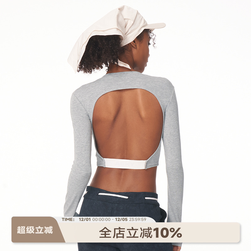 美式露背针织长袖t恤辣妹带胸垫