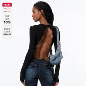 后背镂空绑带BabyT性感露背辣妹带胸垫长袖 ABMY T女 noBra
